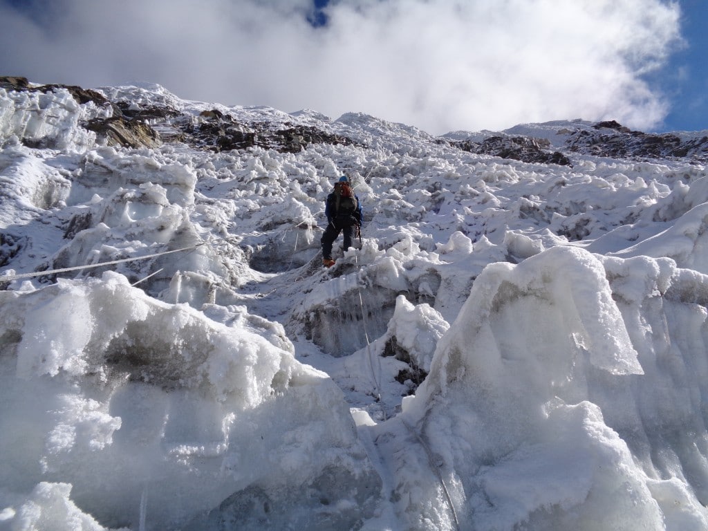 Climbing up the steep head wall on Island peak
